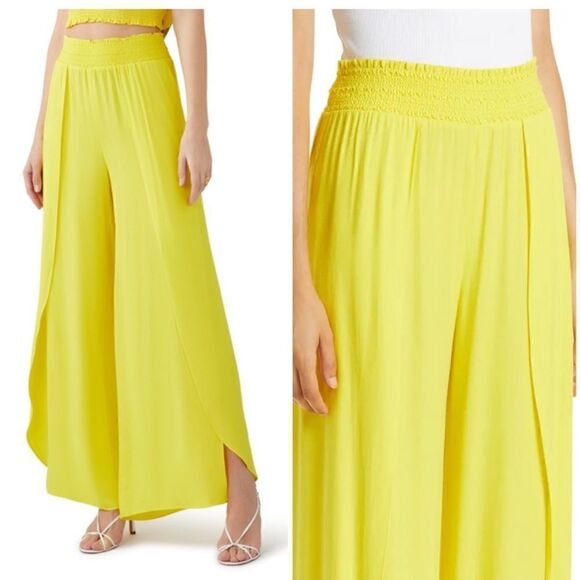 Alice + Olivia Larissa Smocked Waistband Wide Leg Split Pants in Yellow XS - Picture 3 of 9